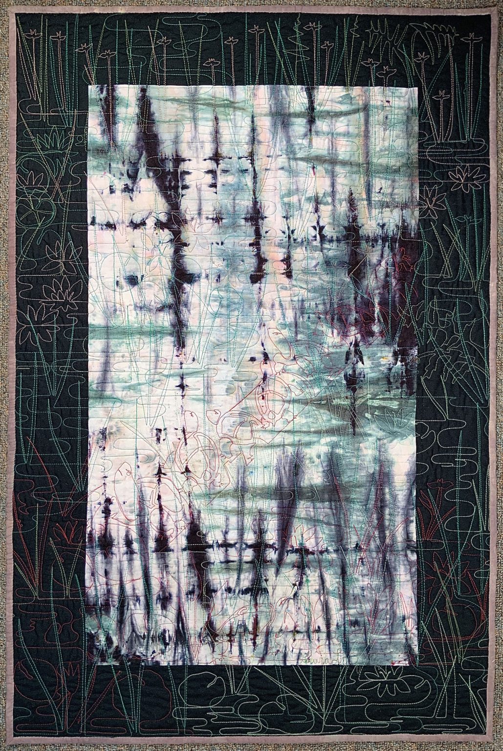Gallery 1 - digital drawings of turtles on a log quilted onto my hand-dyed linen $599