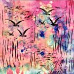 Gallery 2 - Nuthatch and seagulls printed in a forest bathed in reds/ hot pinks of sunset hand-dyed. 2019 $359