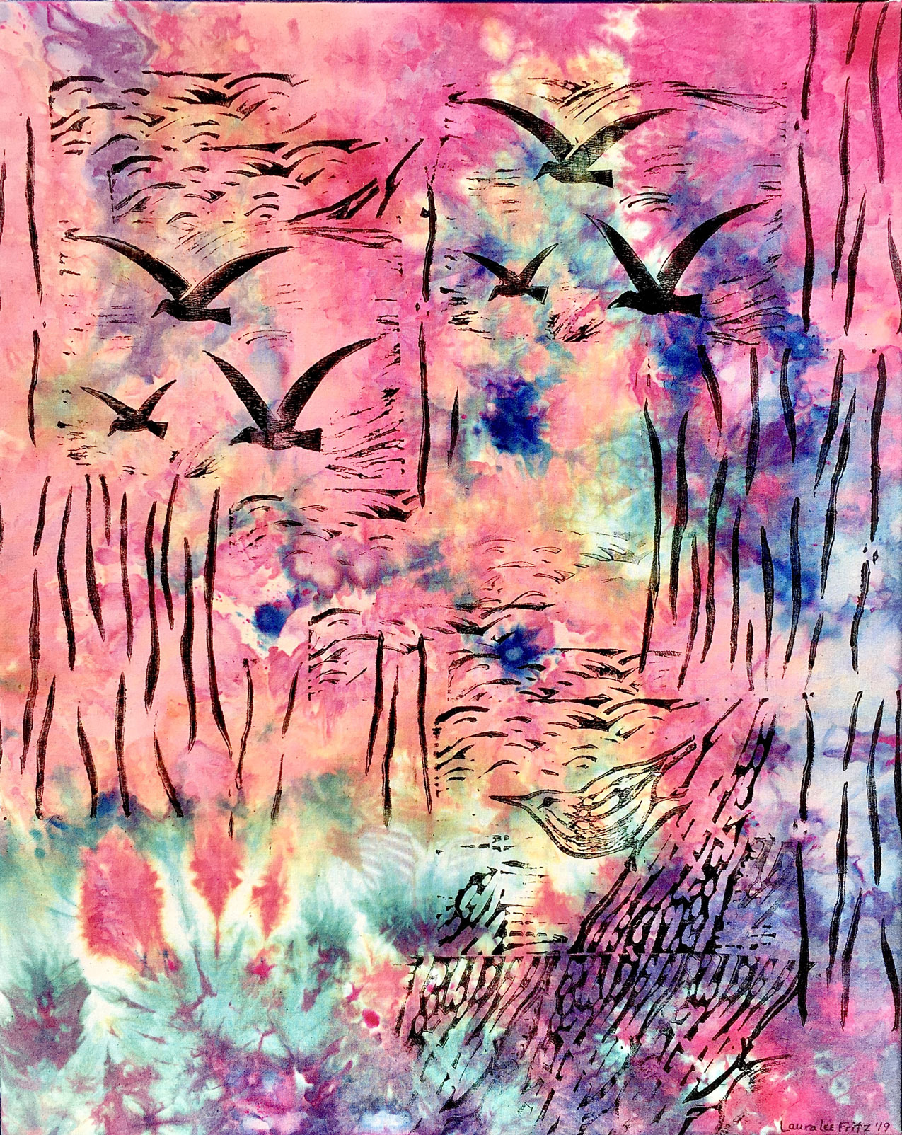 Nuthatch and seagulls printed in a forest bathed in reds/ hot pinks of sunset hand-dyed. 2019 $359