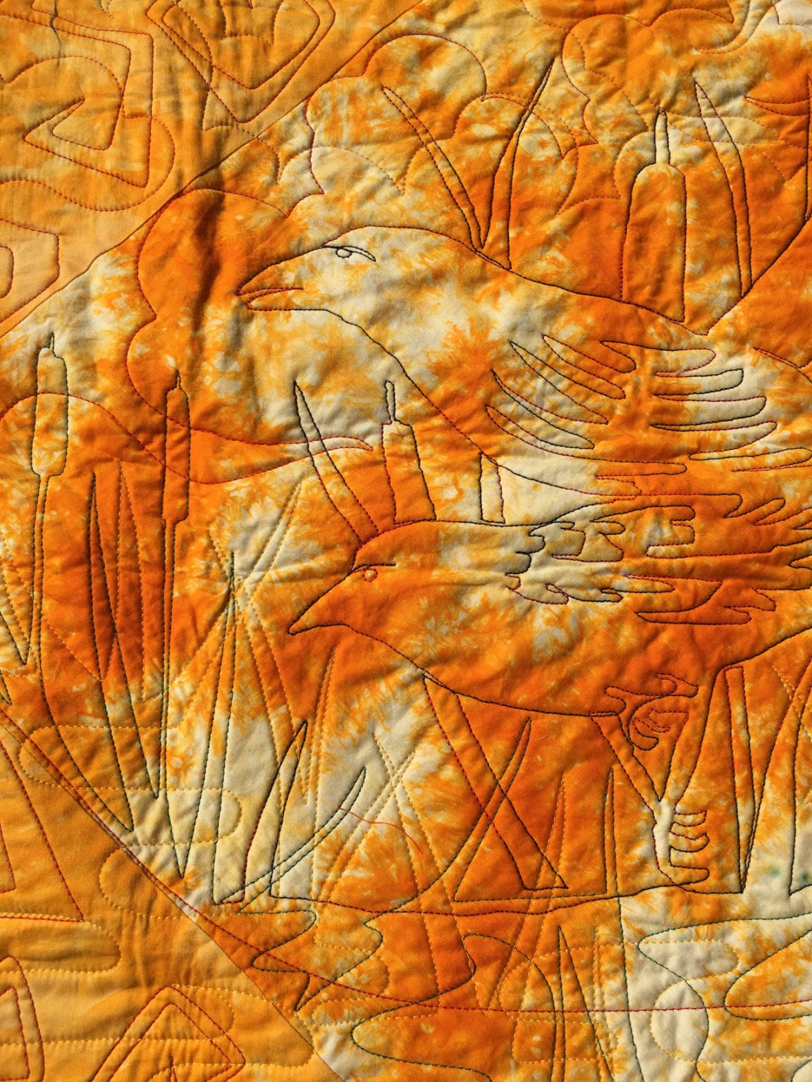 Gallery 3 - digital line drawing of orioles in the pond land, quilted on hand-dyed cotton, hanging wall art $399