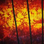 Gallery 9 - firey fabric with wild forest animals quilted in thread fleeing the firestorm