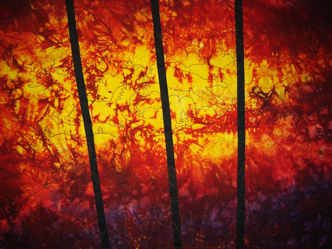Gallery 9 - firey fabric with wild forest animals quilted in thread fleeing the firestorm