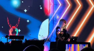 electronic music played live with colorful animations around the set
